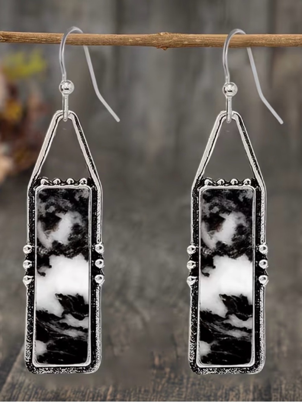 Silver-Frame Black & White Marble Drop Earrings